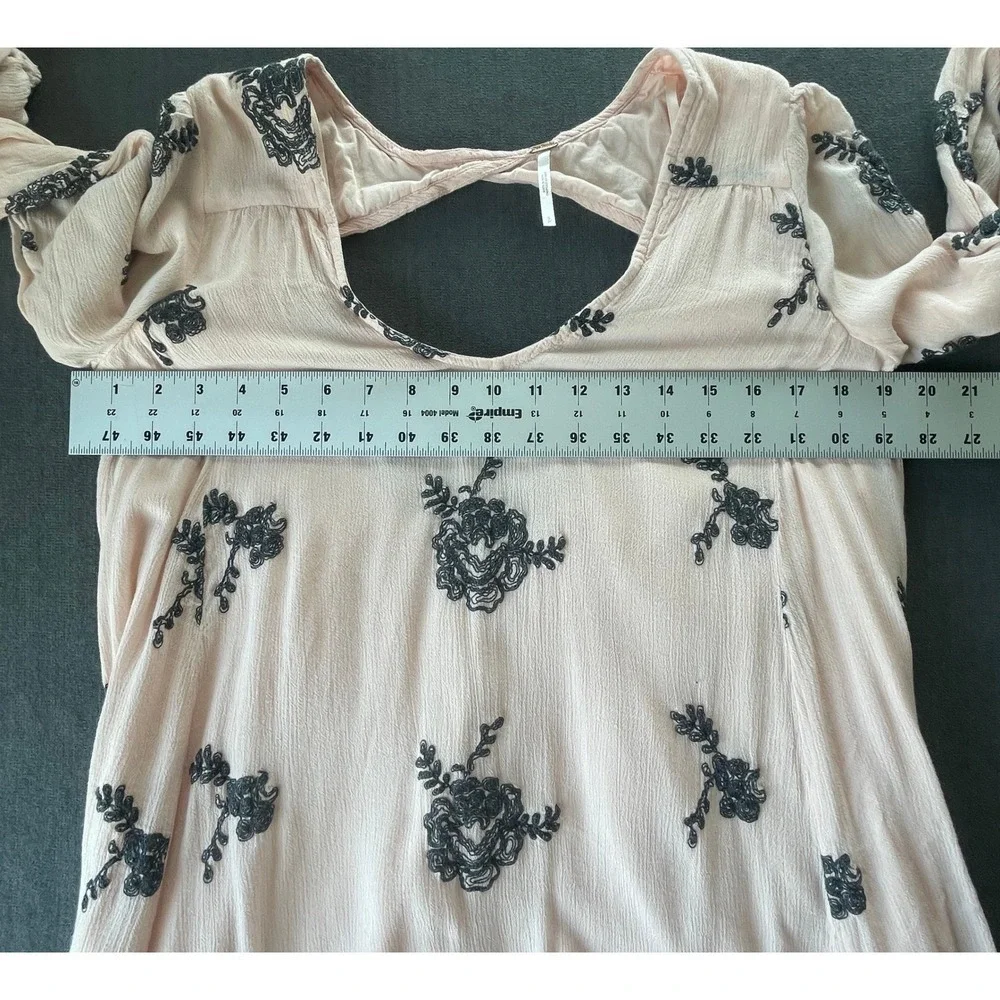 Free People Embroidered Tunic Dress Size S Pink Black Floral Boho Open Back Mini
